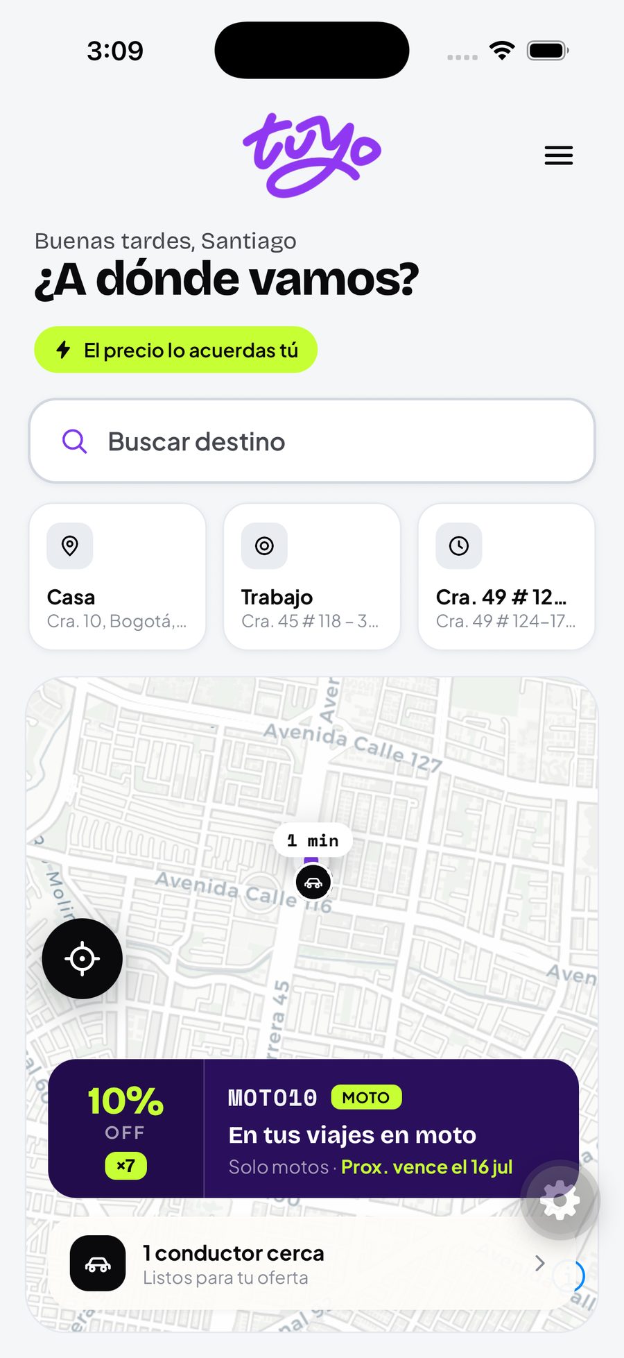 App Tuyo — pantalla de inicio del pasajero